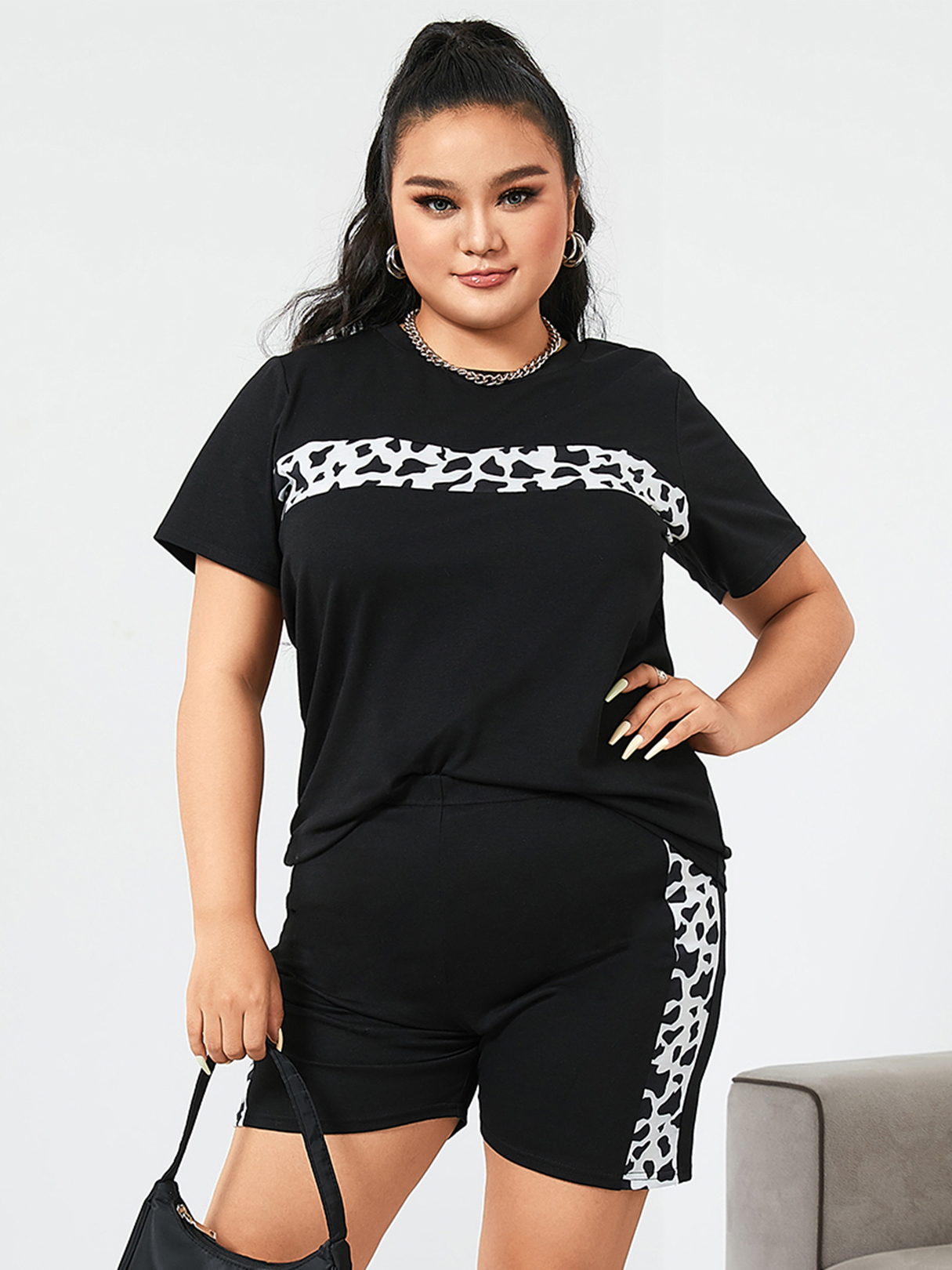 YOINS Plus Size Patchwork Leopard Short Sleeves Two Piece Outfit