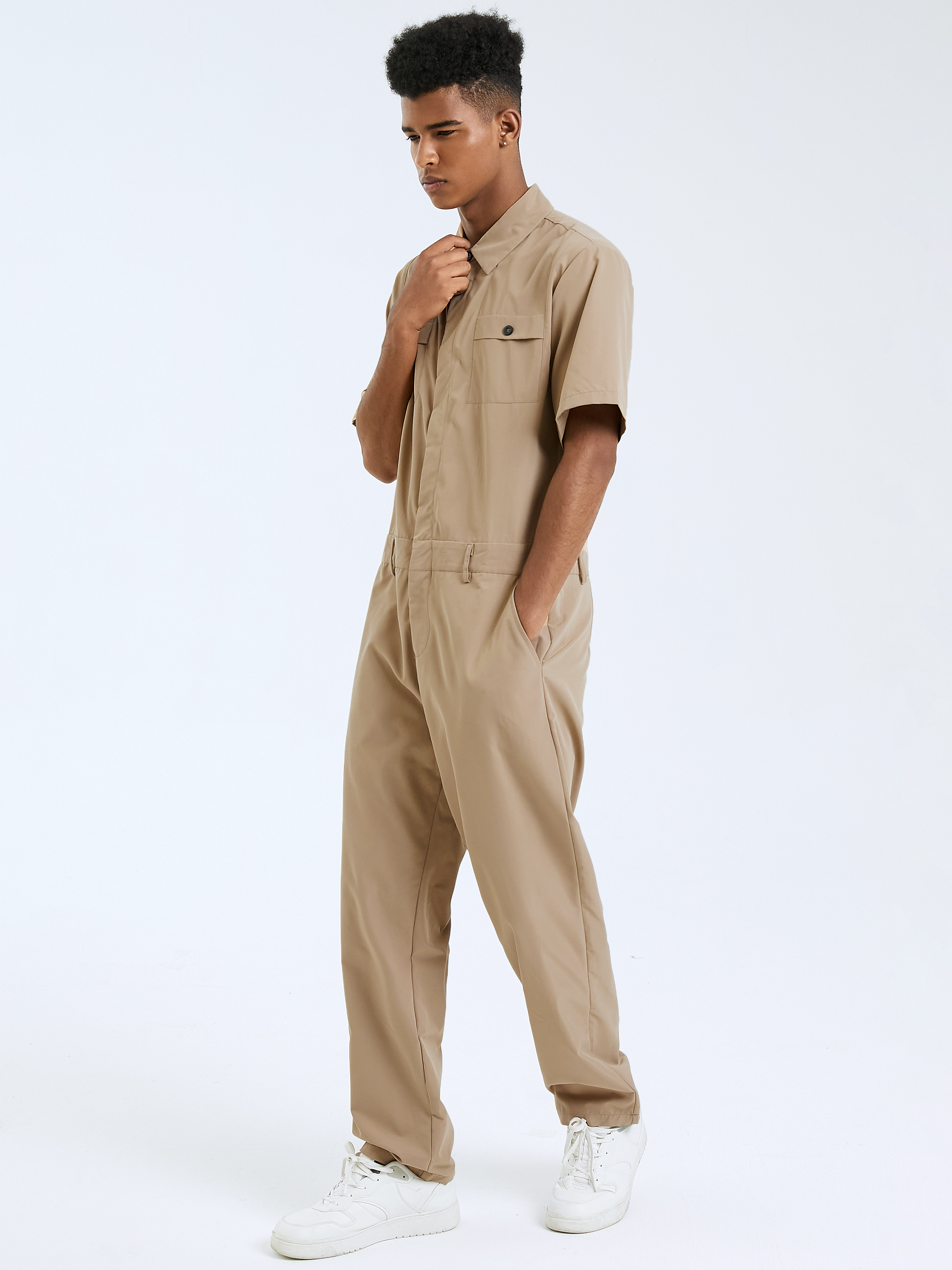 Men Plain Zip Front Chest Pocket Short Sleeve Overalls Jumpsuit