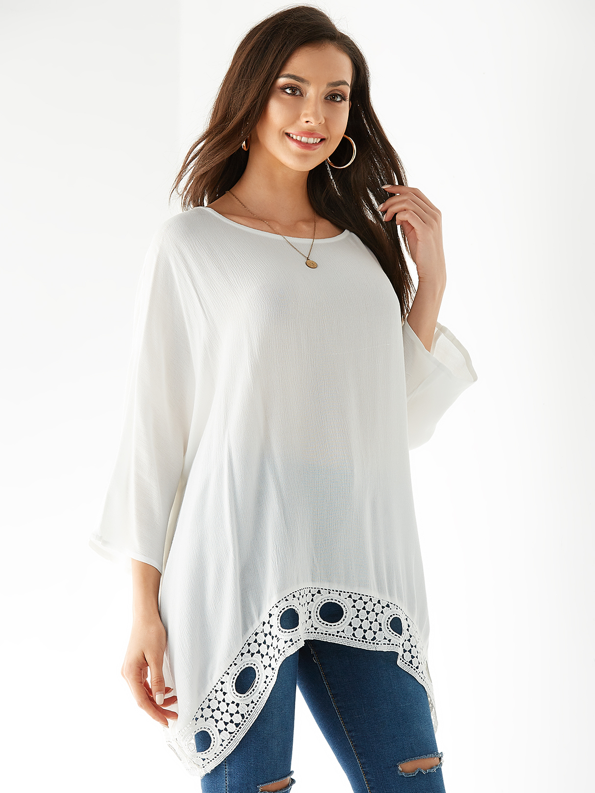YOINS White Round Neck Long Sleeves Blouse