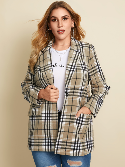 YOINS Plus Size Plaid Button Design Side Pockets Long Sleeves Coat