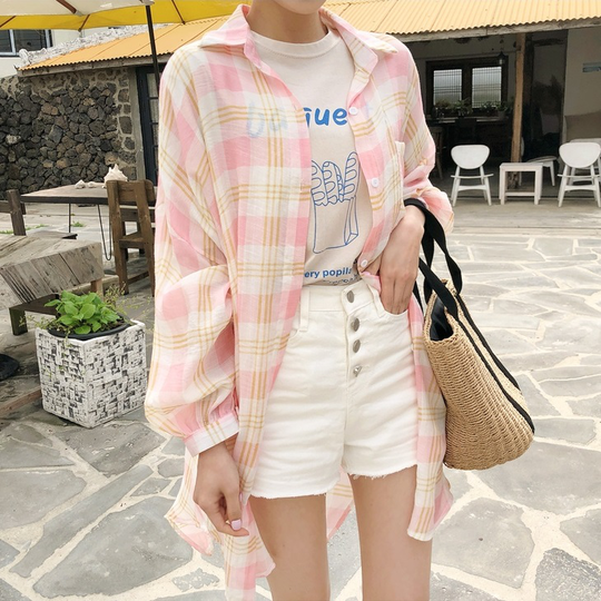 Cherryville - Long-Sleeve Plaid Long Shirt - Pink/One Size