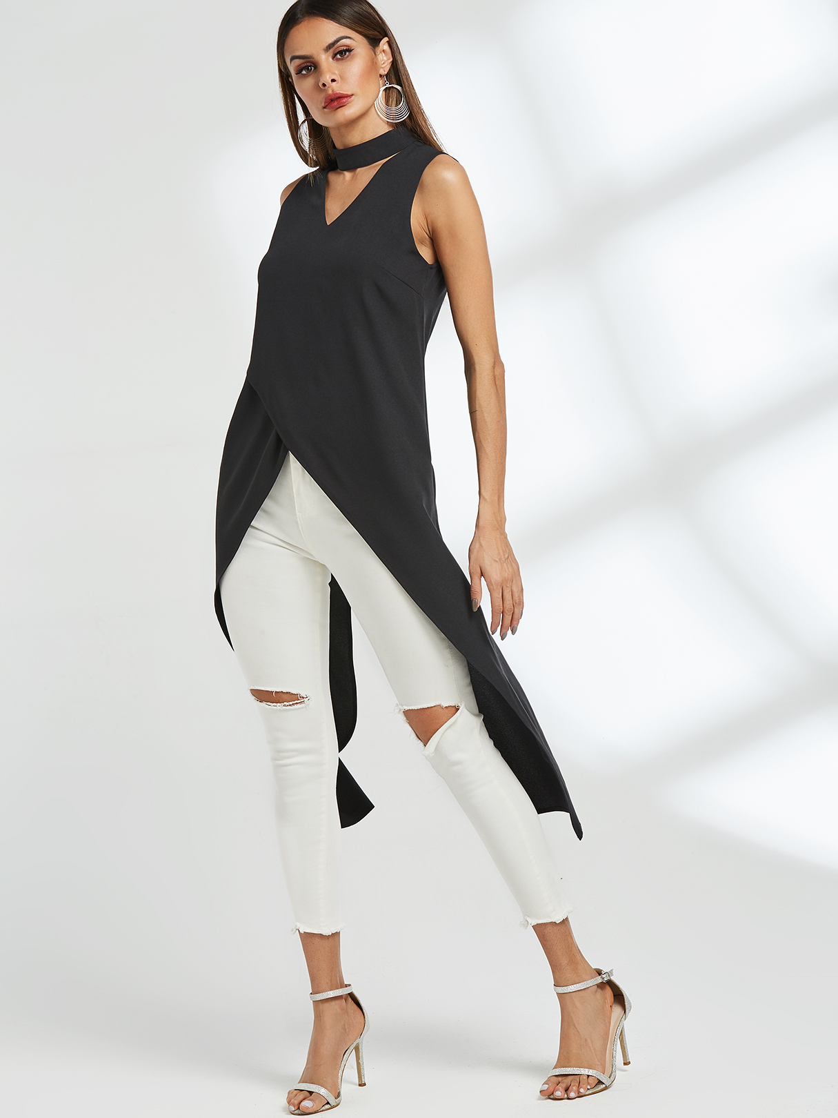 Black Choker Neck V-cut Cross Dip Hem Tank Top