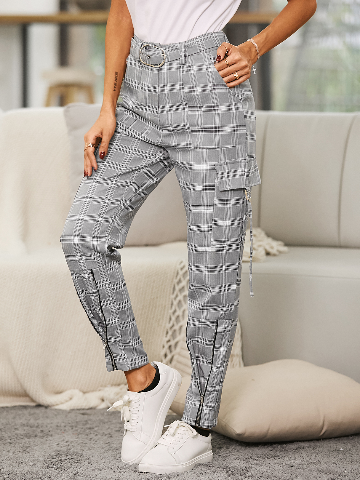 YOINS Black Plaid Side Pockets Cargo Pants