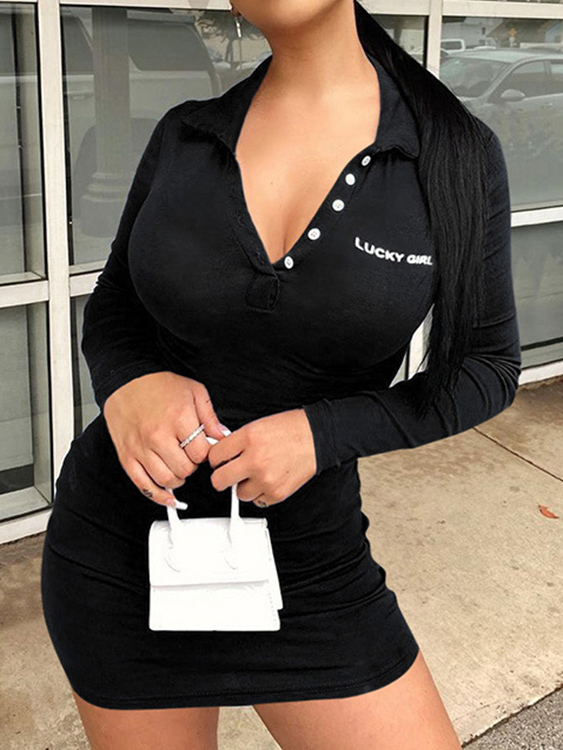 Casual Letter Front Button Lapel Collar Long Sleeves Dress