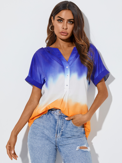YOINS Blue Tie Dye Button Front Short Sleeves Blouse