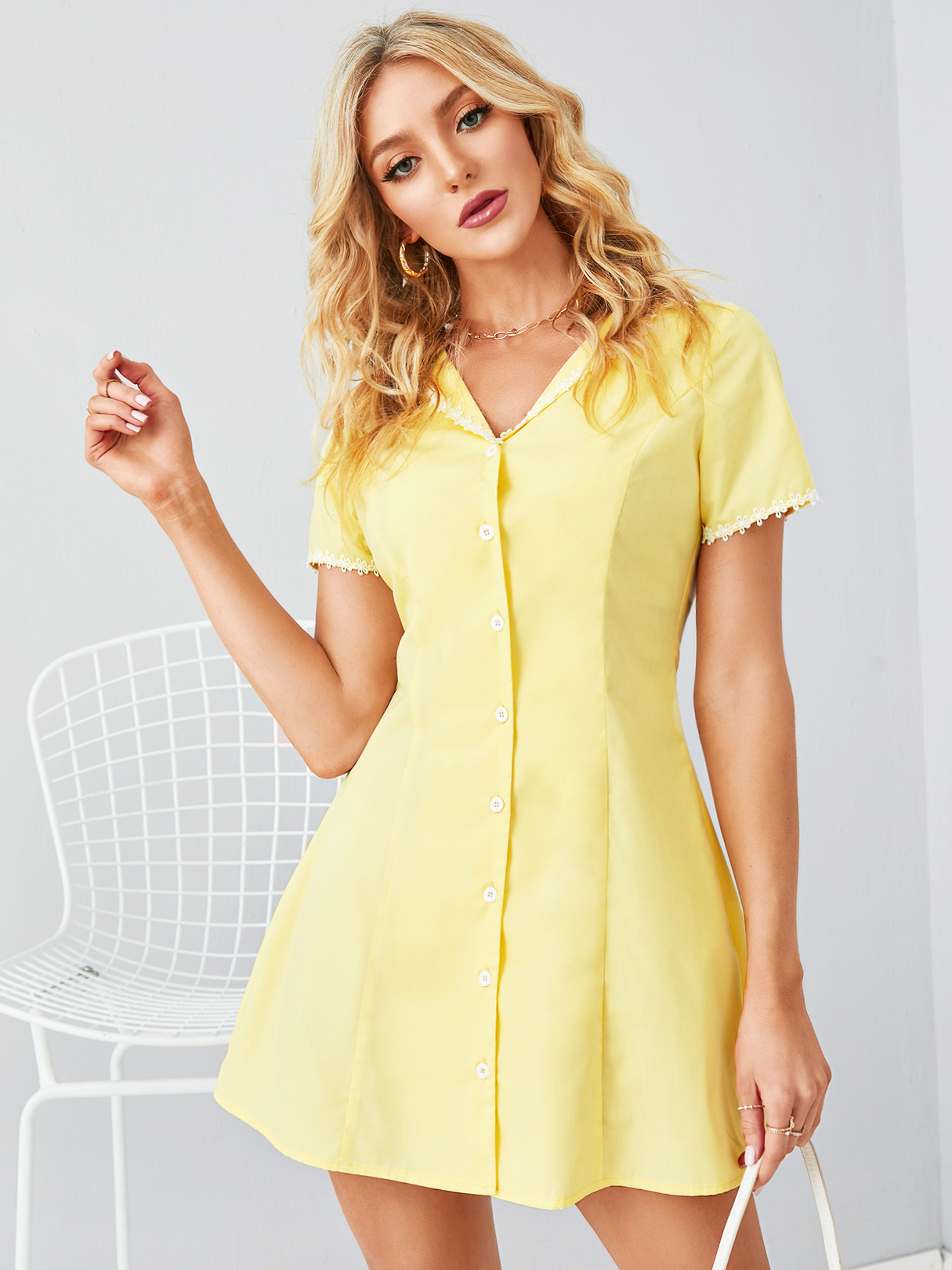 YOINS V-neck Button Front Lace trim Short sleeves Mini Dress