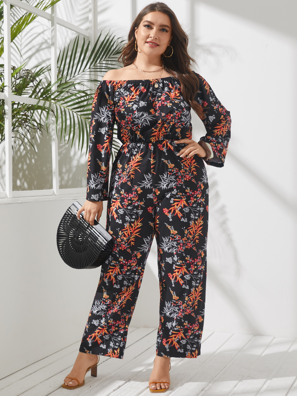 Plus Size Off The Shoulder Floral Print Elastic Strap Long Sleeves Jumpsuit