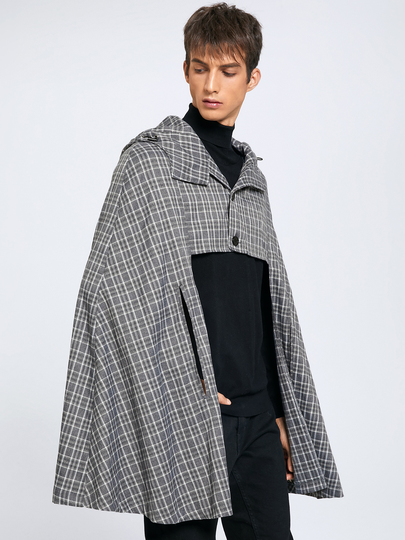 Men Fashion Hooded Plaid Button Design Cloak Cape Coat