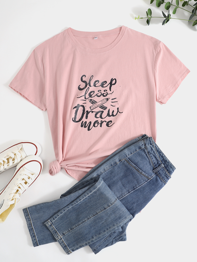 Plus Size BASICS Crew Neck Letter Short Sleeves Tee