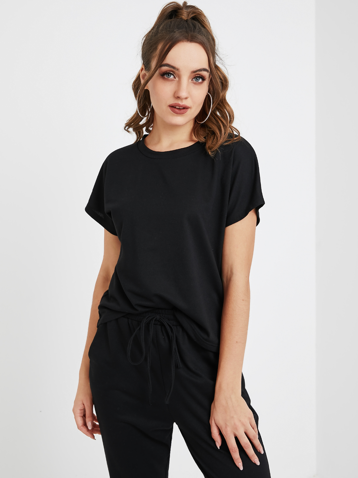 YOINS Black Round Neck Short Sleeves Basic T-shirt