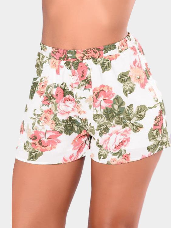 White Random Floral Print Stretch Waistband Shorts