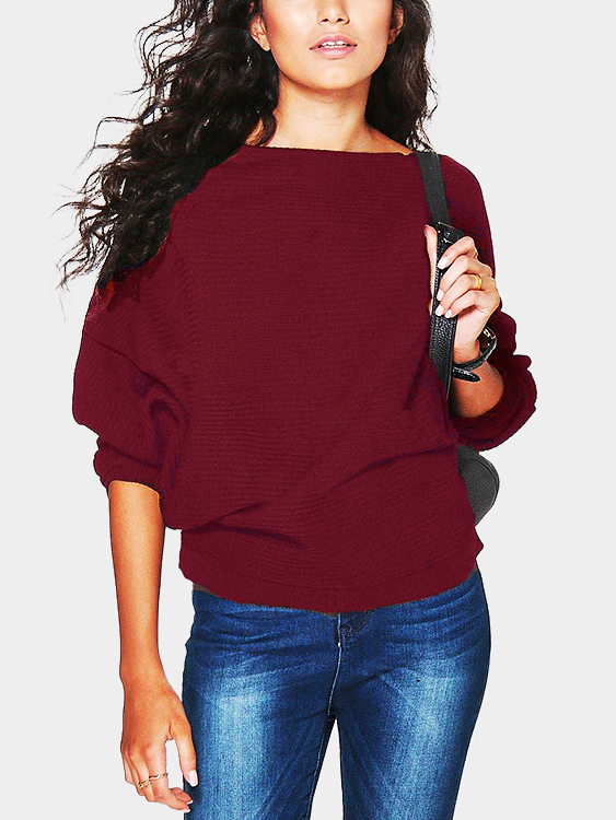 Burgundy Long Sleeves Loose Jumper