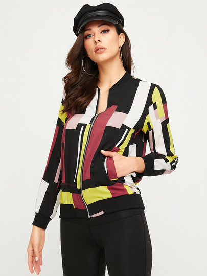 YOINS Multicolor Zip Front Geometric Long Sleeves Jacket