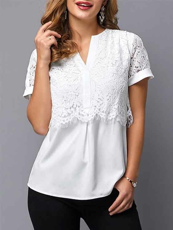 YOINS White Lace Insert V-neck Short Sleeves Blouse