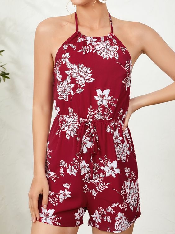 YOINS Self Tie Halter Floral print Backless design Drawstring Waist Playsuits