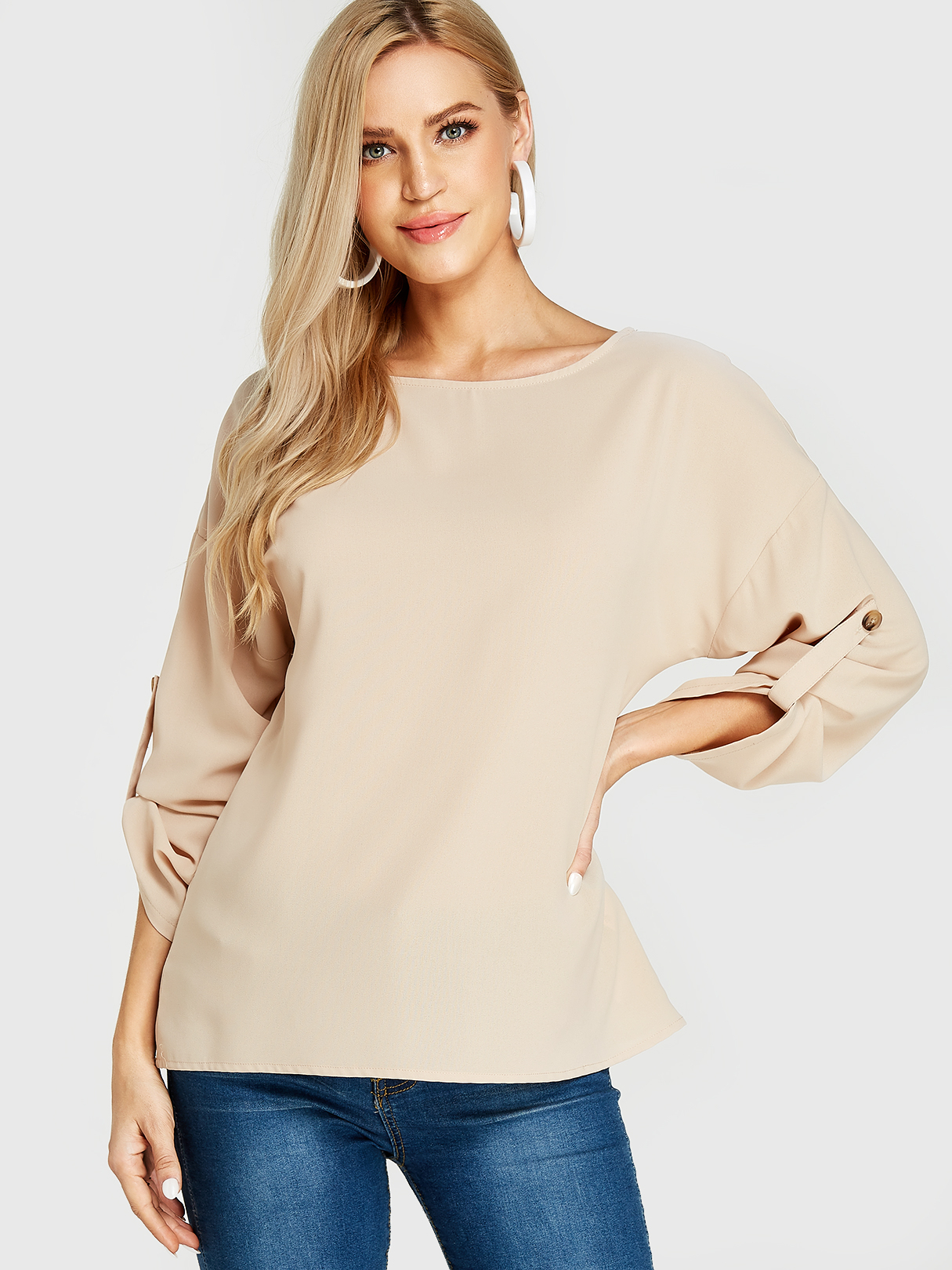 YOINS BASICS Beige Round Neck Long Sleeves Blouses