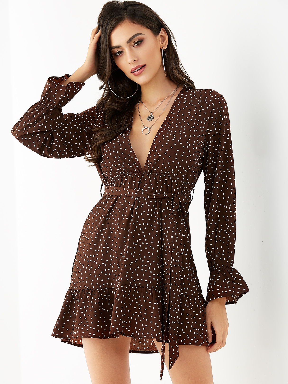 YOINS Brown Belt Design Polka Dot Deep V-neck Long Sleeves Dress