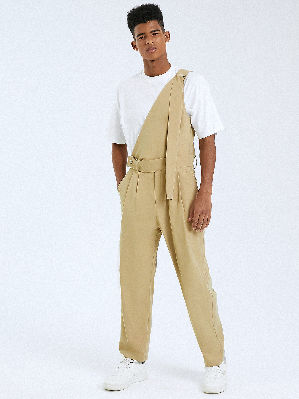Men Fashion Button Design Bib Suspender Overalls Jumpsuit