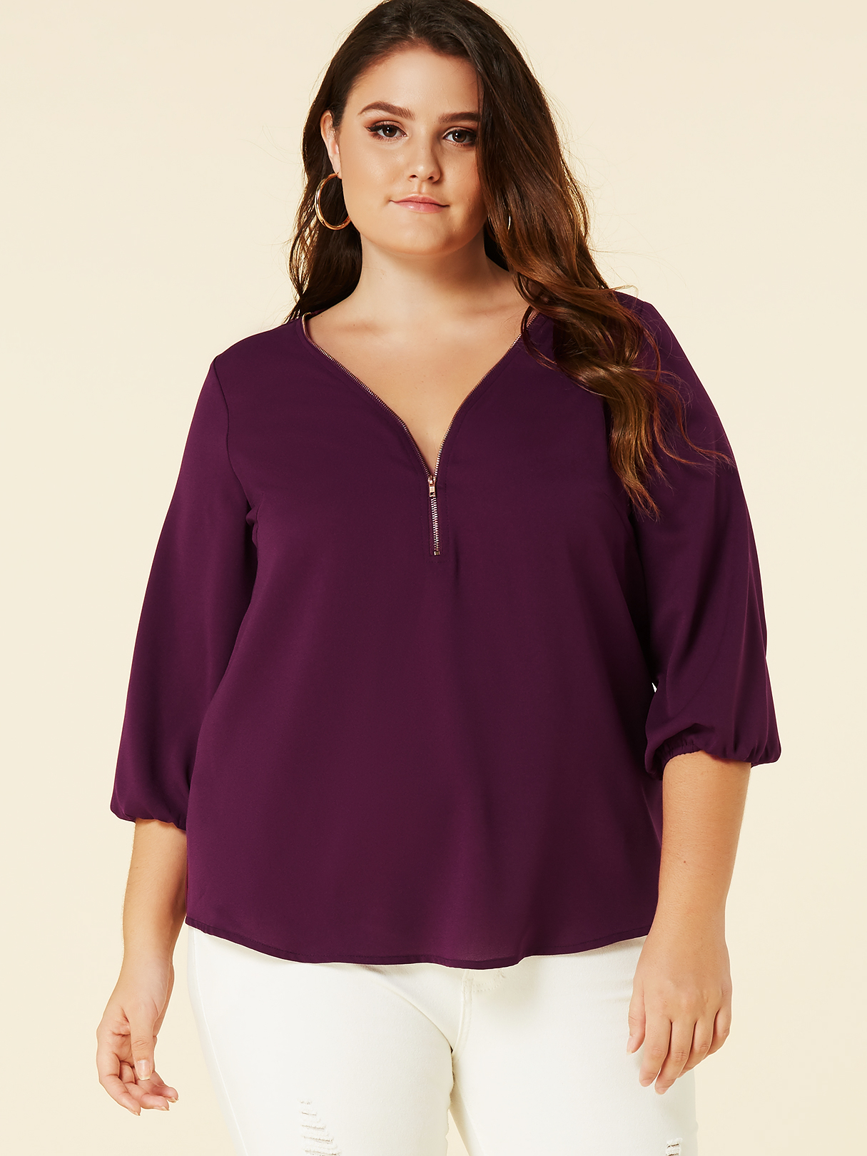 YOINS Plus Size Purple V-neck Zip Front Blouse