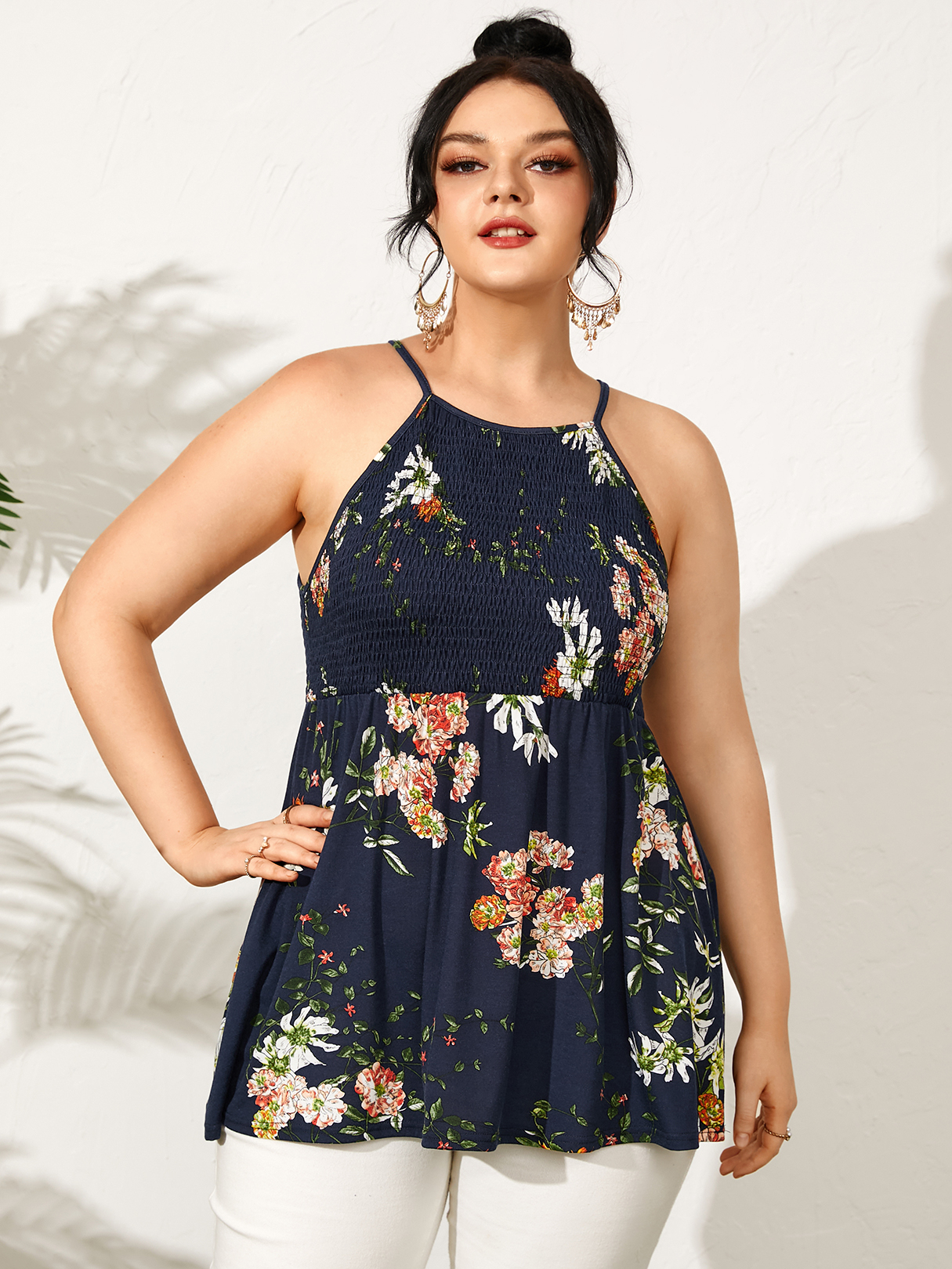 YOINS Plus Size Spaghetti Floral Print Shirring Sleeveless Cami