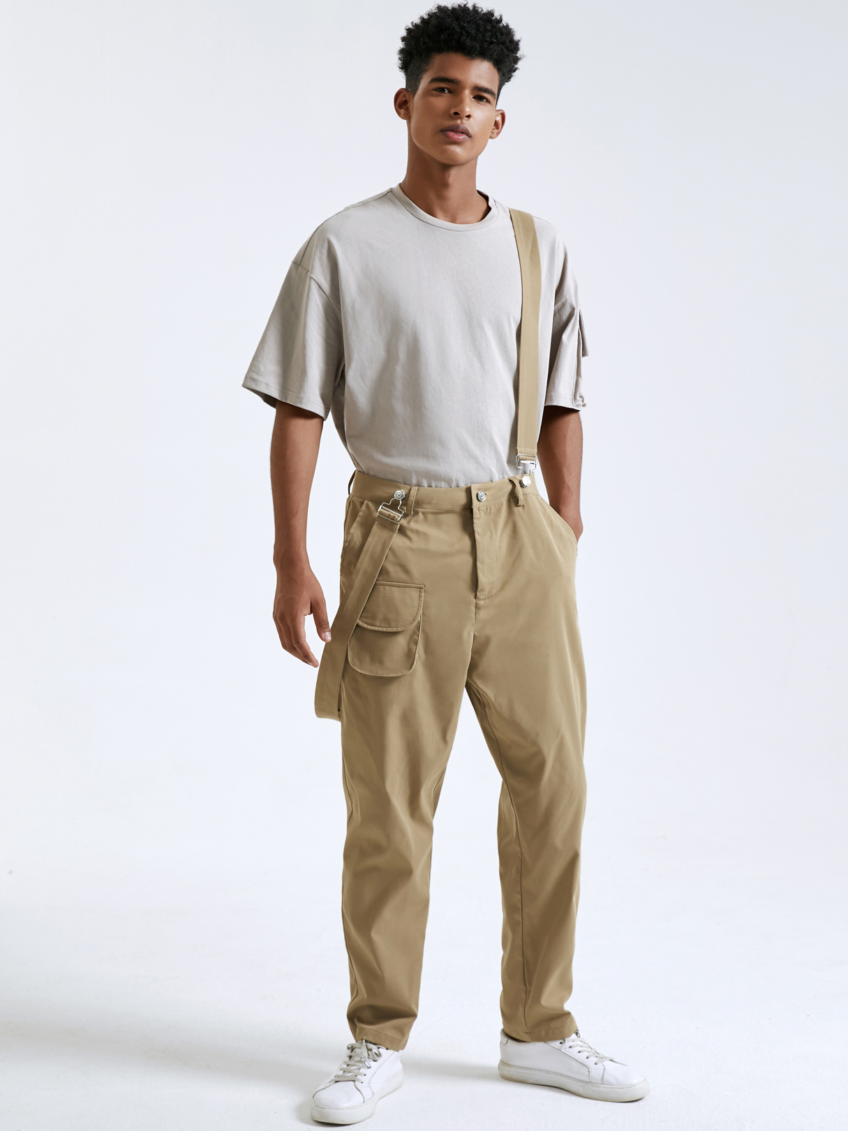 Men Fashion Plain Zipper Fly Suspender Casual Pants