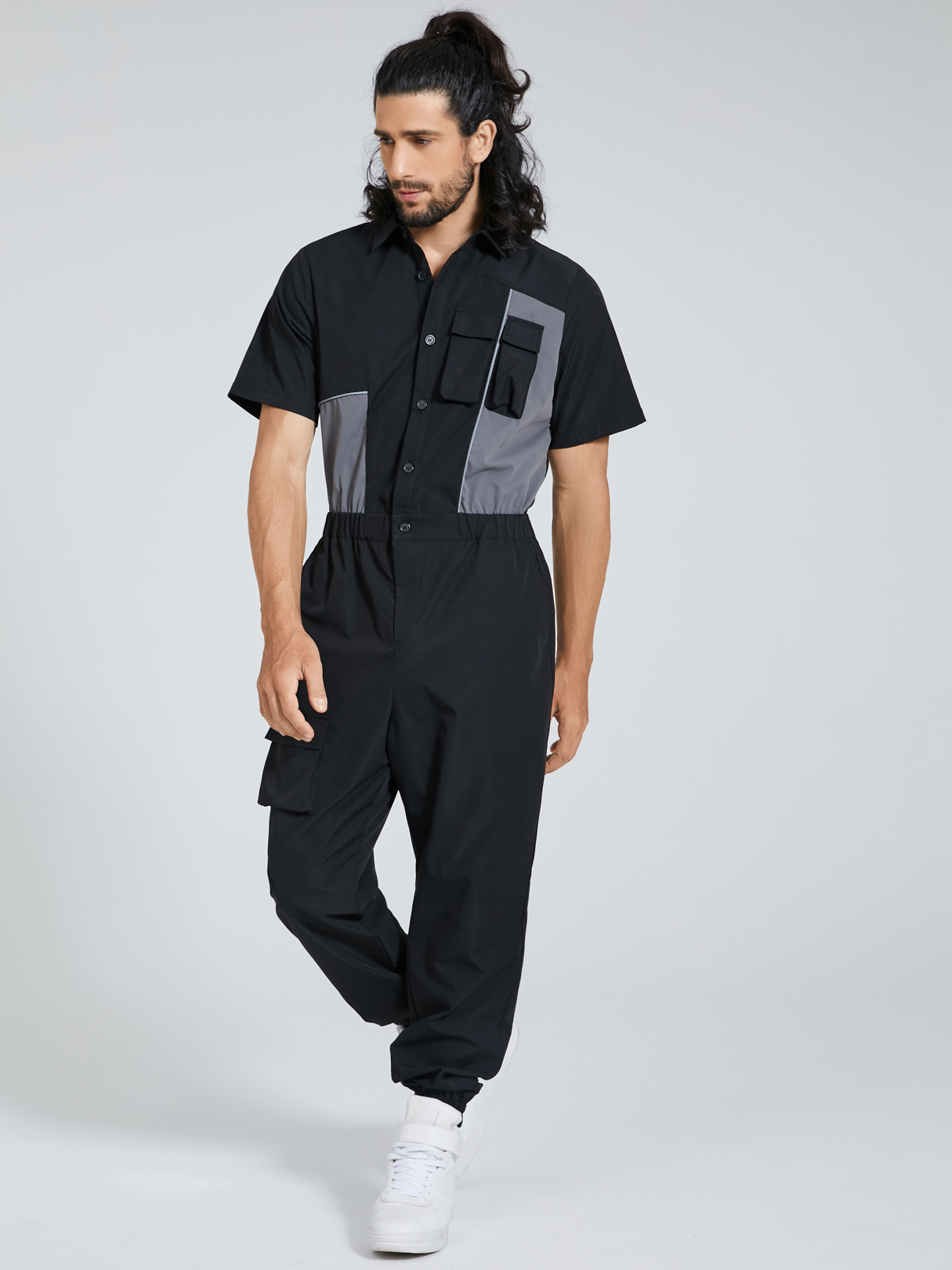 Men Hip Hop Style Color Block Print Short Sleeve Overalls Jumpsuit