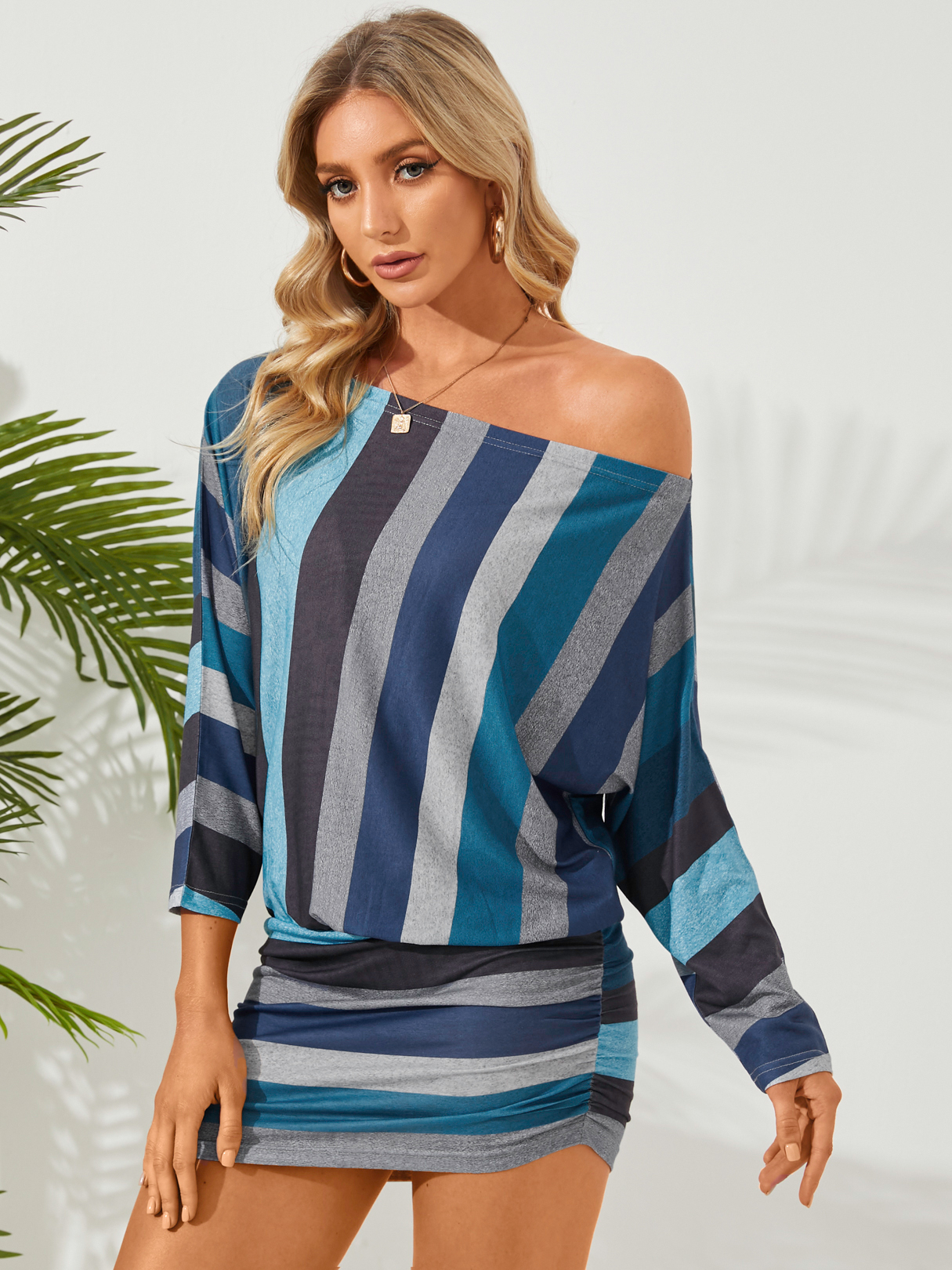 YOINS Blue Striped Round Neck Long Sleeves Mini Dress