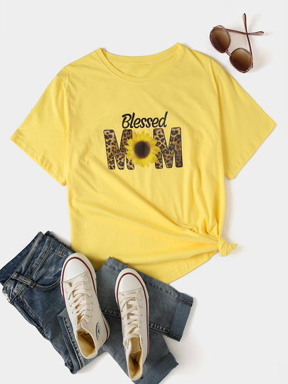 Plus Size Crew Neck Leopard Letter Floral Print Short Sleeves Tee