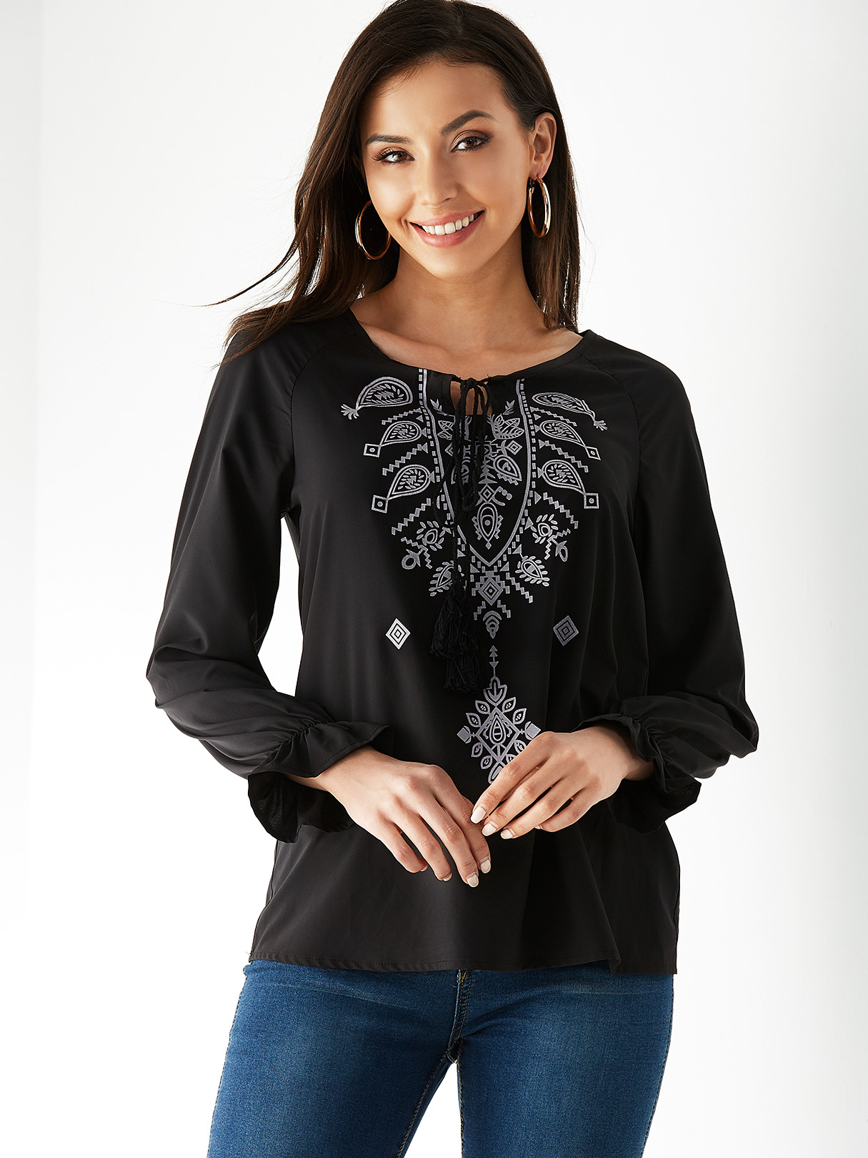 YOINS Black Tribal Print Round Neck Long Sleeves Blouse