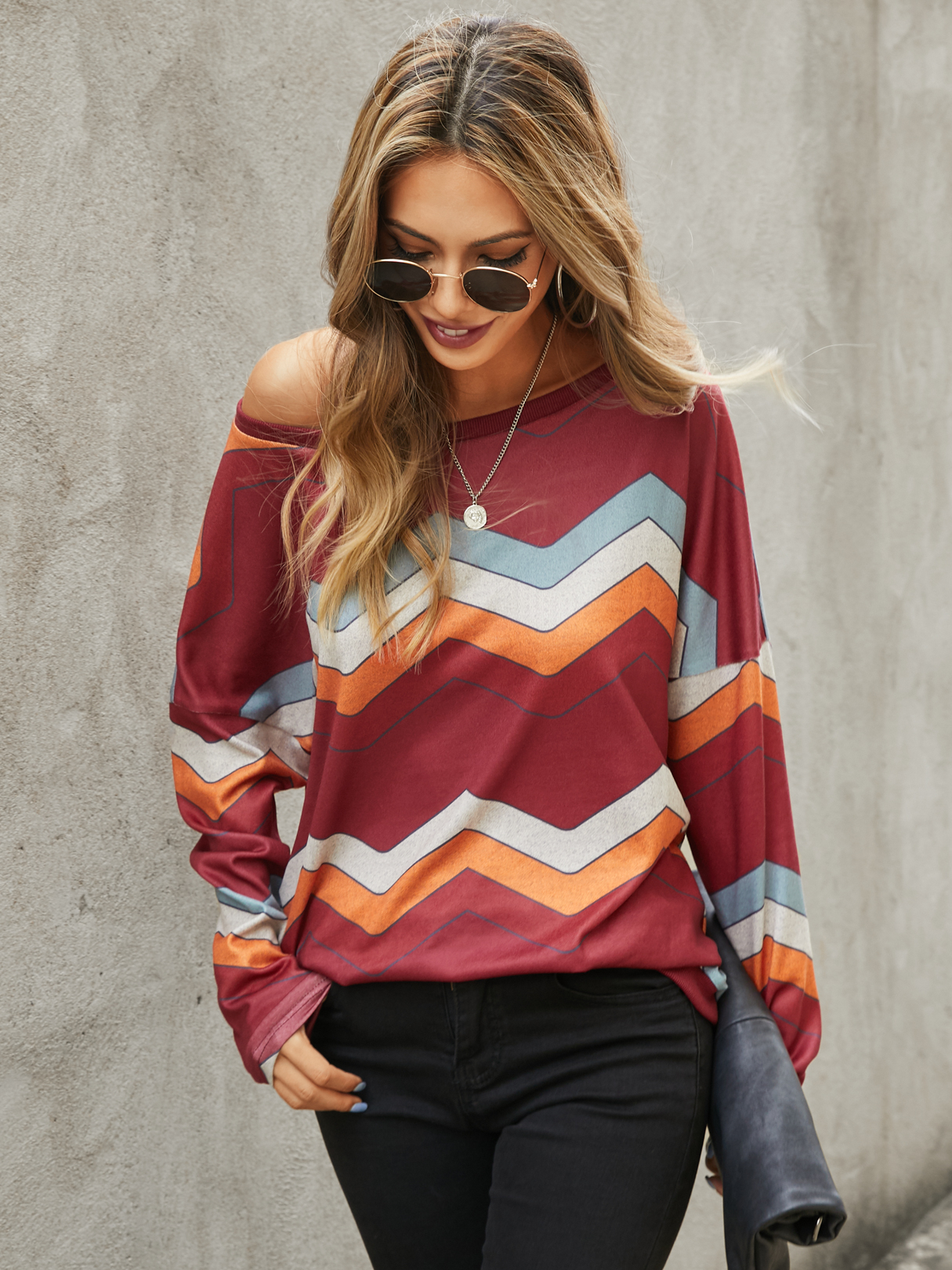 Burgundy Color Block Stripe One Shoulder Tee