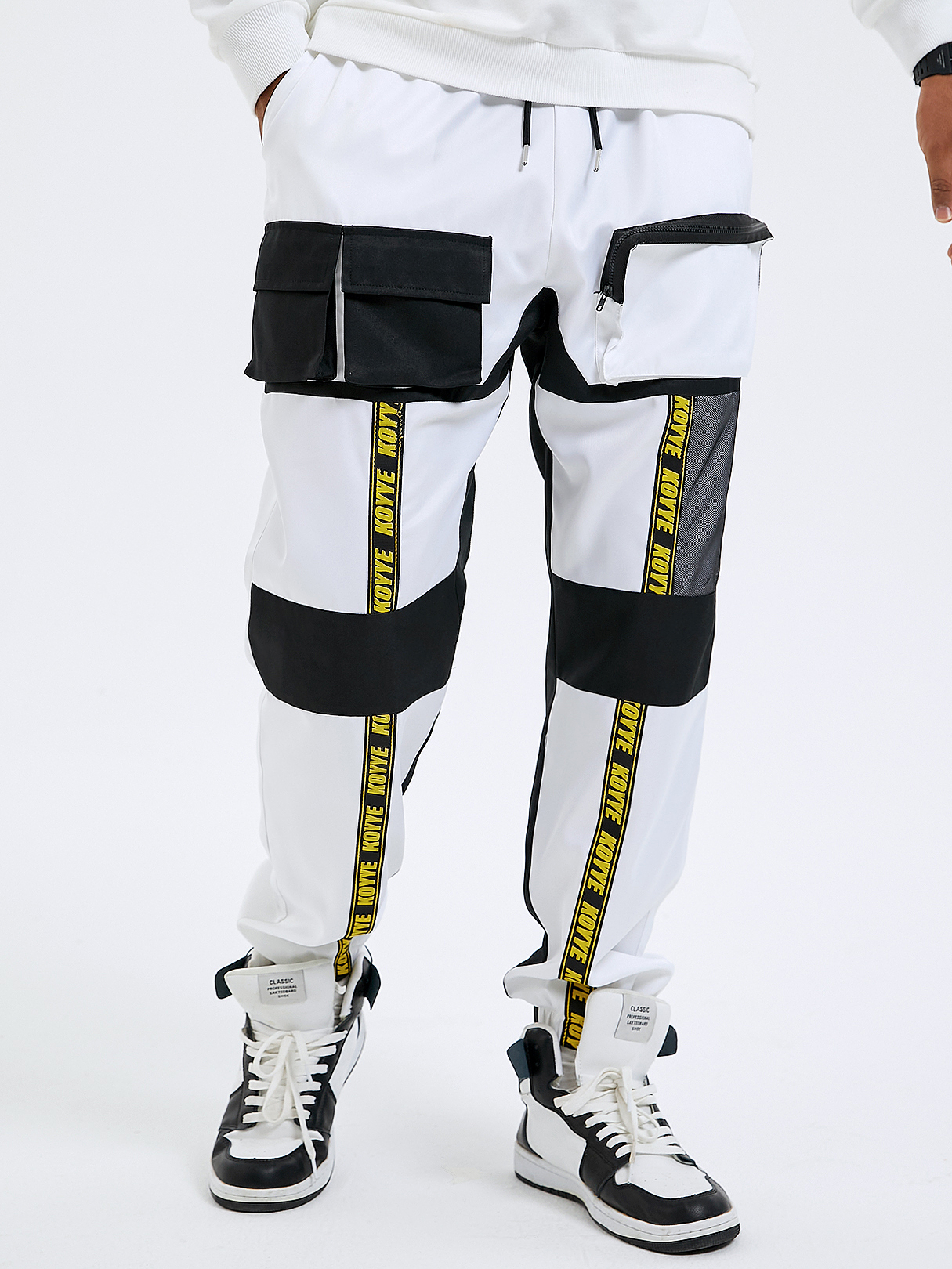 Men Color Block Pocket Drawstring Cargo Pants