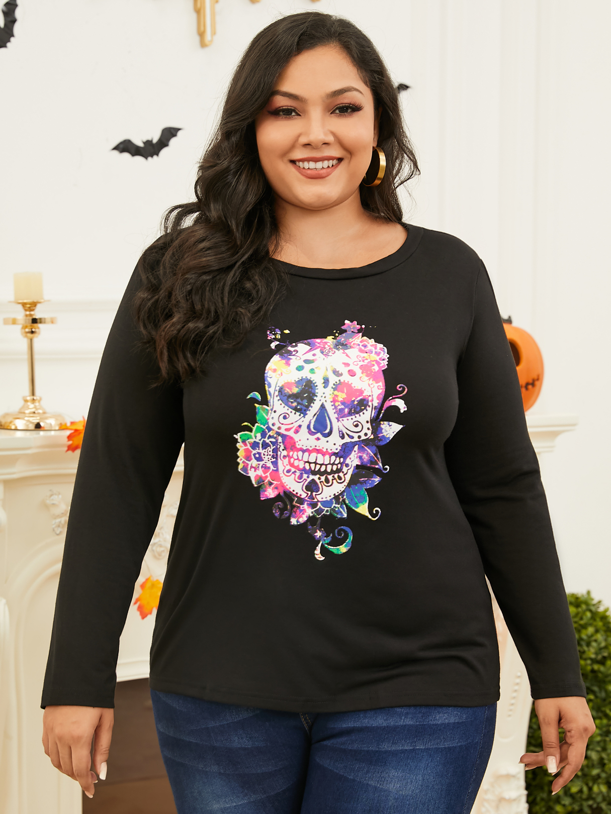Plus Size Round Neck Graphic Long Sleeves Tee