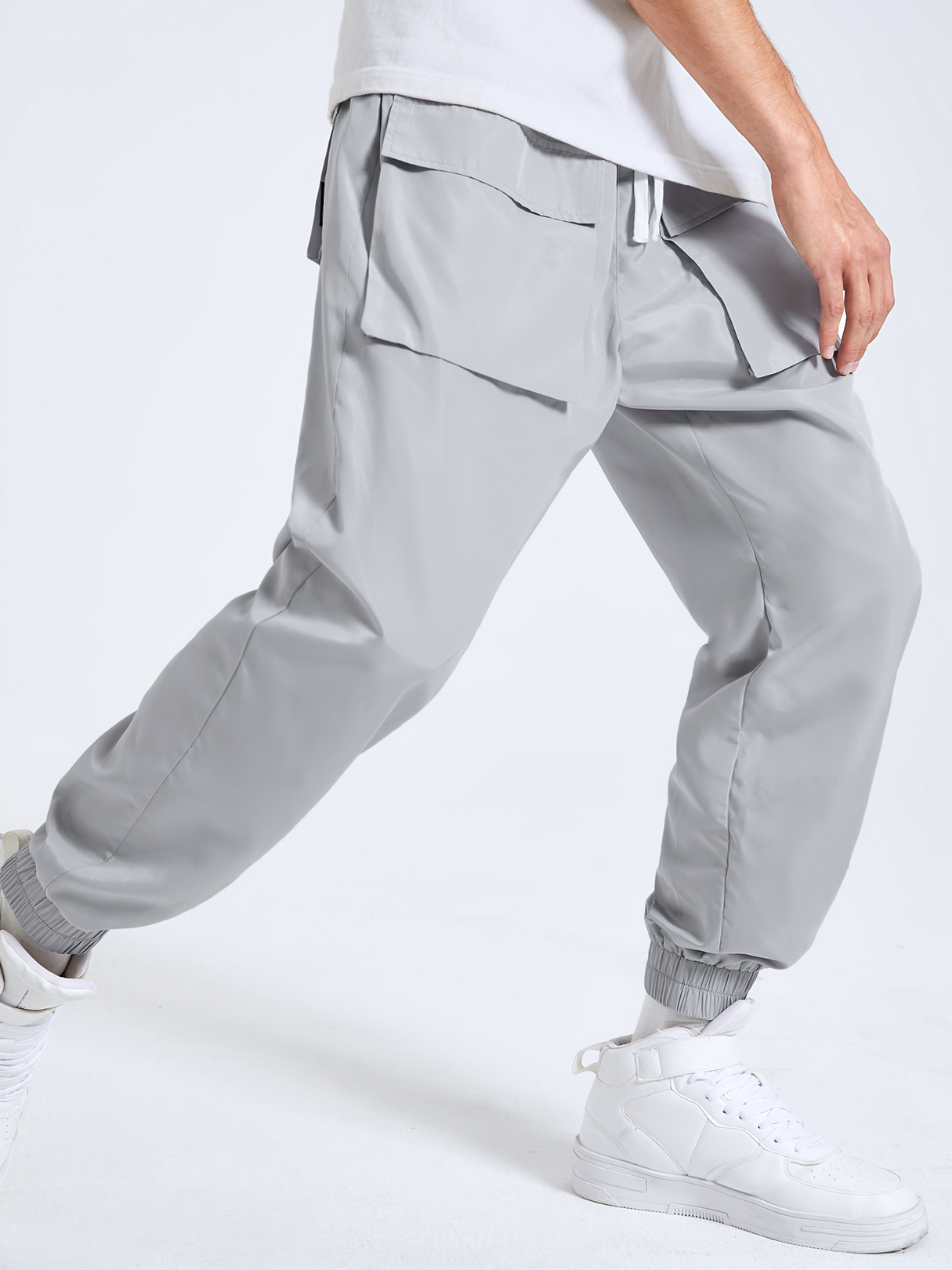Men Fashion Casual Plain Big Pocket Drawstring Waist Cargo Pants