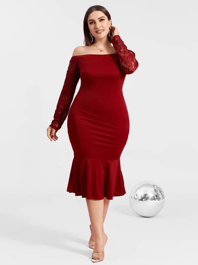YOINS Plus Size Off The Shoulder Lace Patchwork Design Long Sleeves Dress