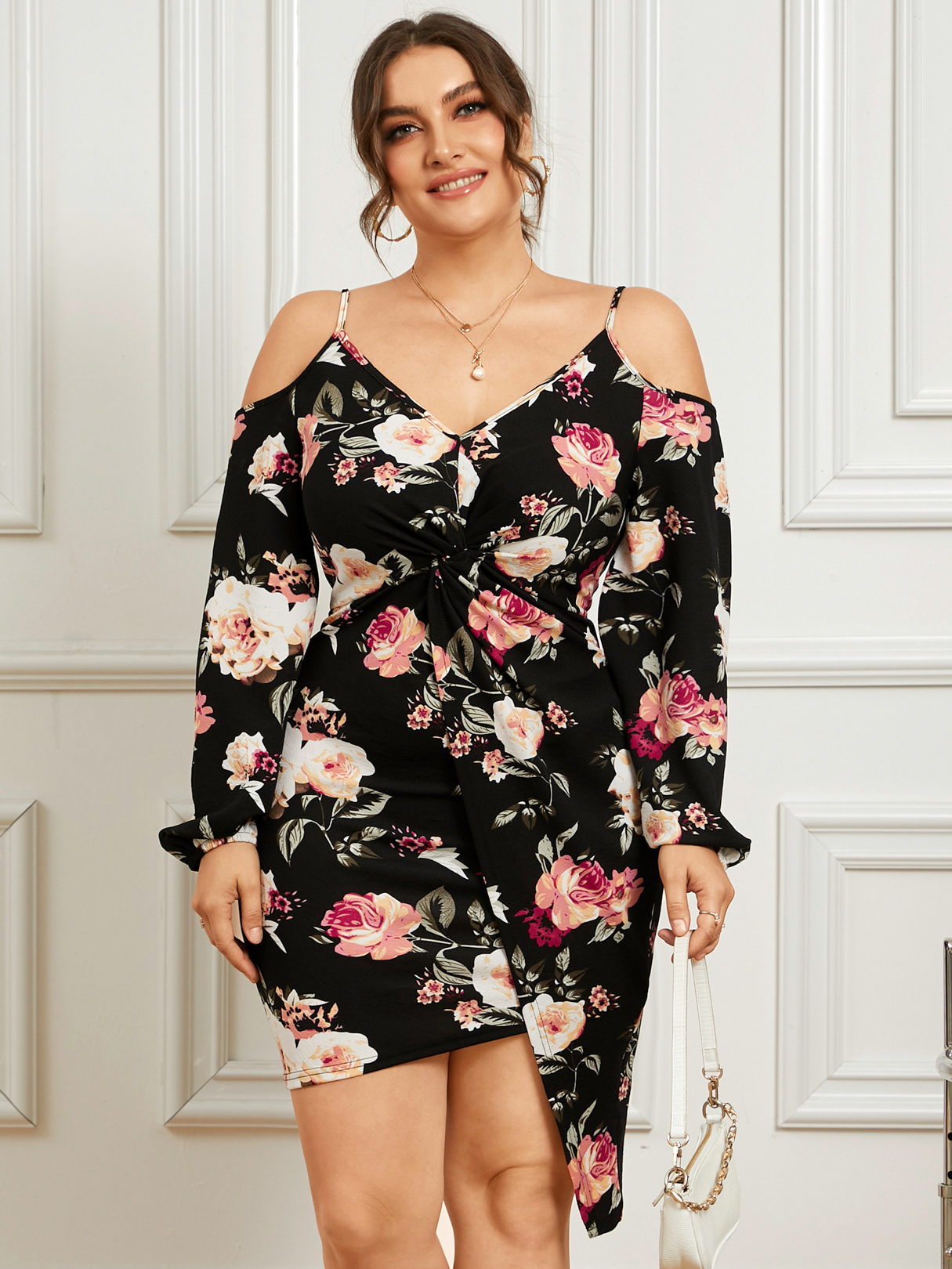 YOINS Plus Size Cold Shoulder Floral Print Twist Long Sleeves Dress