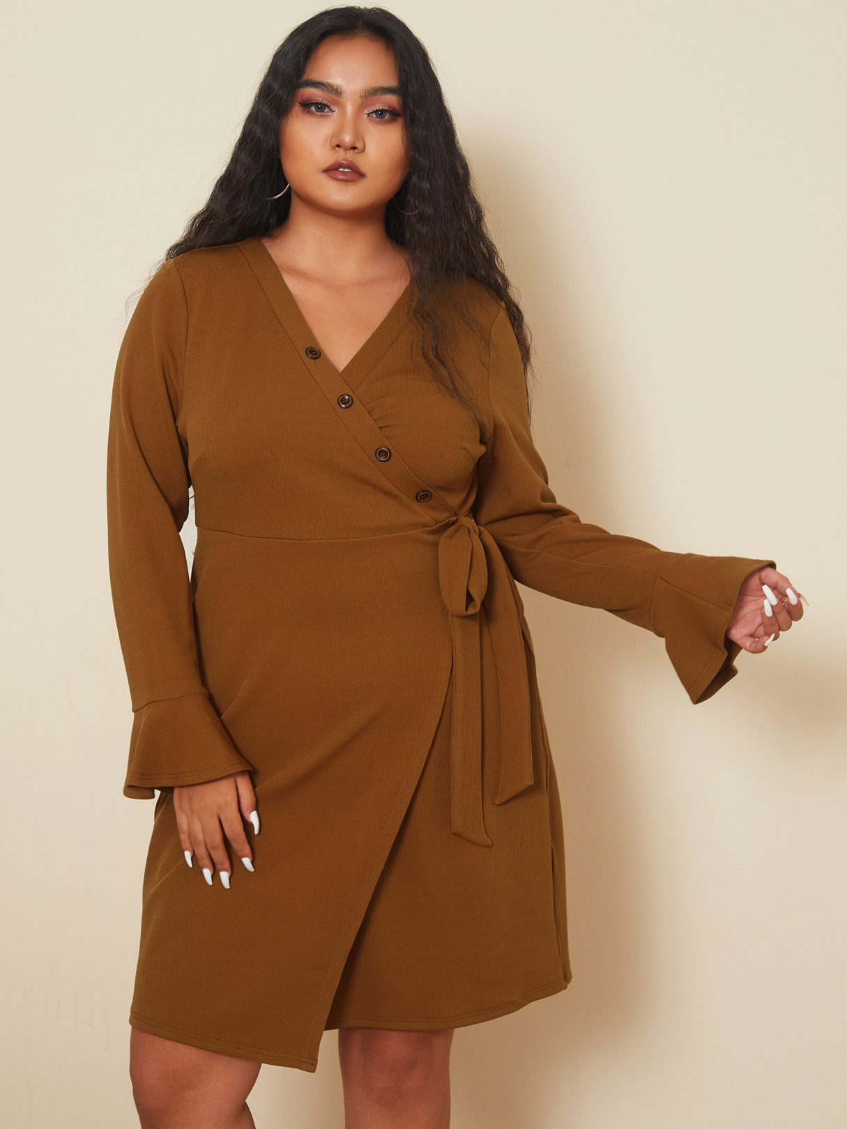YOINS Plus Size V-neck Tie-up Design Wrap Design Long Sleeves Dress