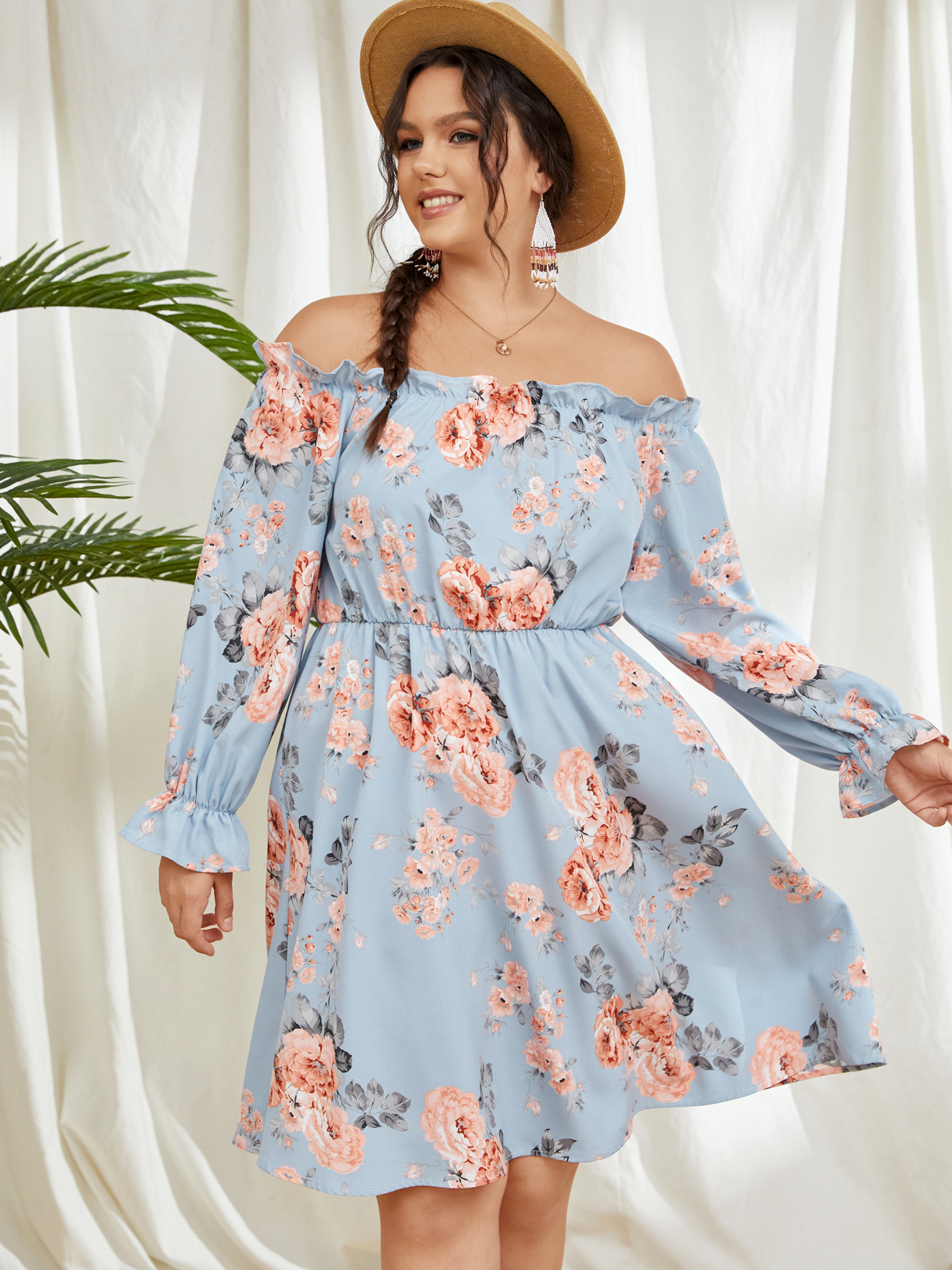 Plus Size Off The Shoulder Floral Print Backless Design Long Sleeves Dress
