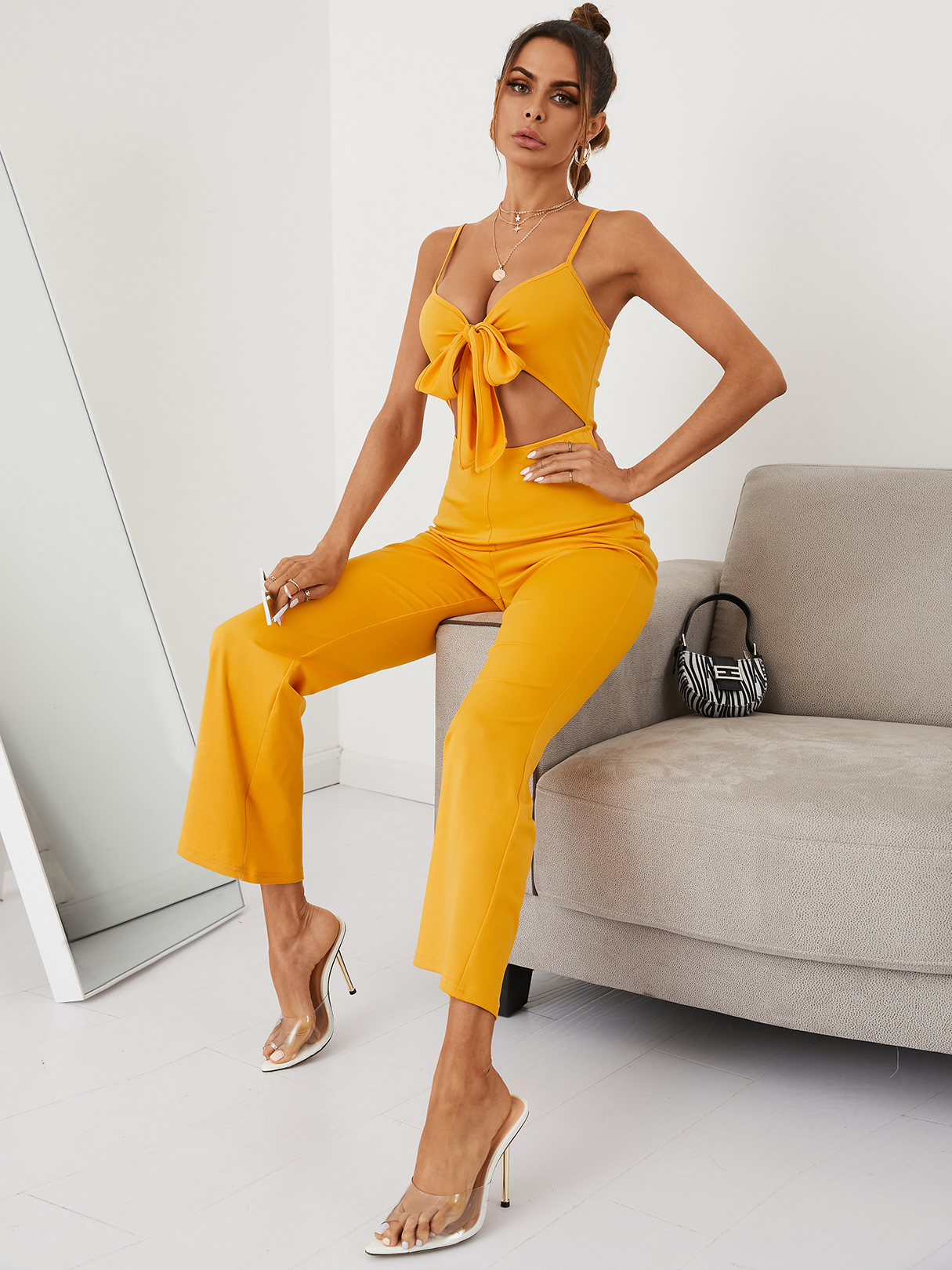 YOINS Spaghetti Cut out Tie-up design Sleeveless Jumpsuits