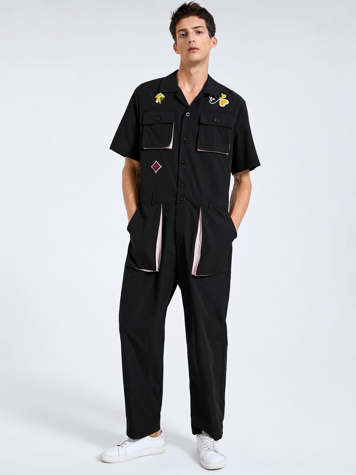 Men Stylish Plain Multi-Pocket Short Sleeves Jumpsuit