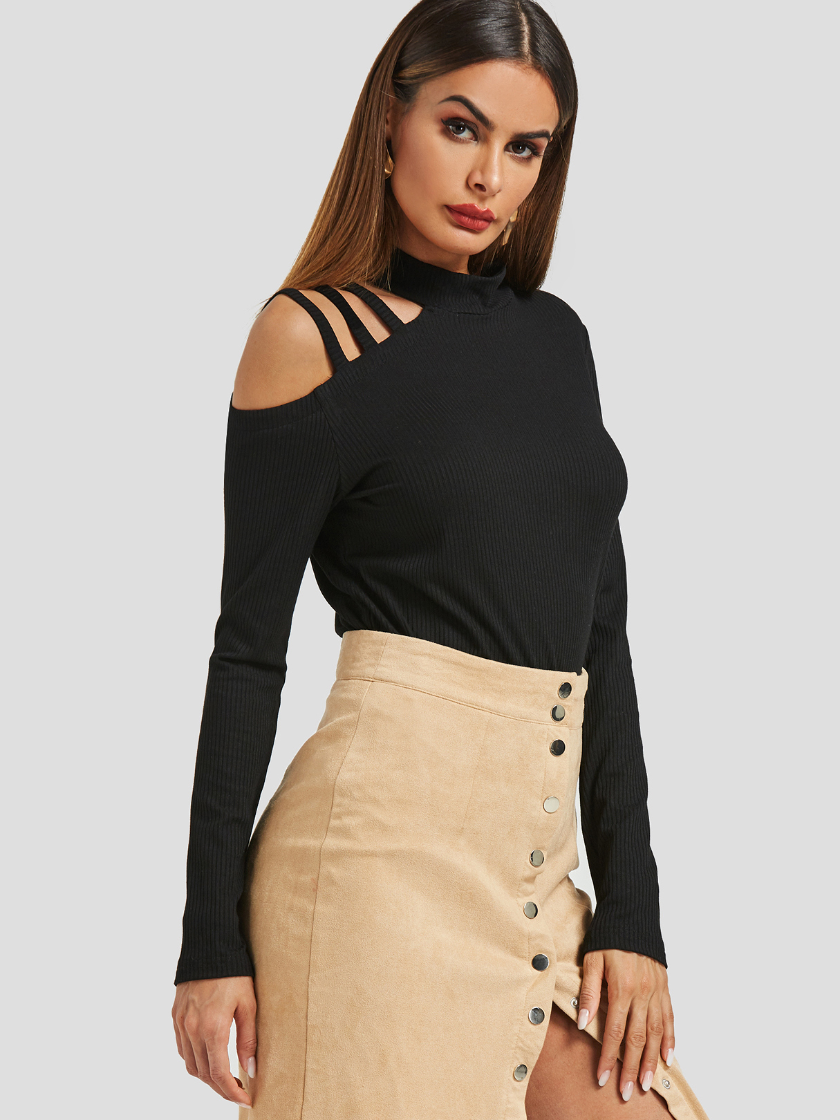 Black Cutout Cold Shoulder Asymmetric Top