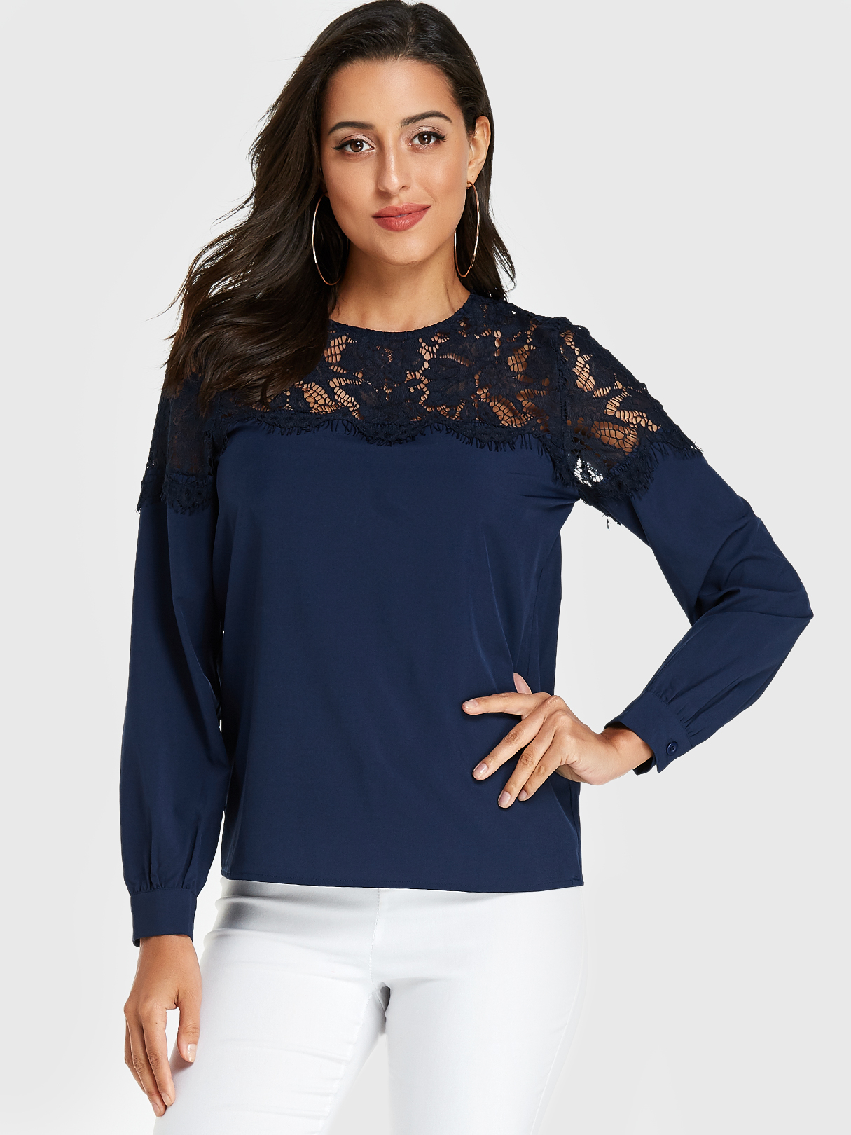 YOINS Navy Lace Insert Round Neck Long Sleeves Blouse