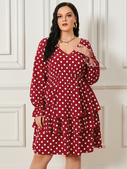 YOINS Plus Size V-neck Polka Dot Tiered Design Tie-up Design Long Sleeves Dress