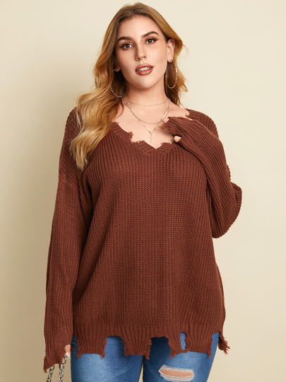 YOINS Plus Size V-neck Cut Out Long Sleeves Sweater