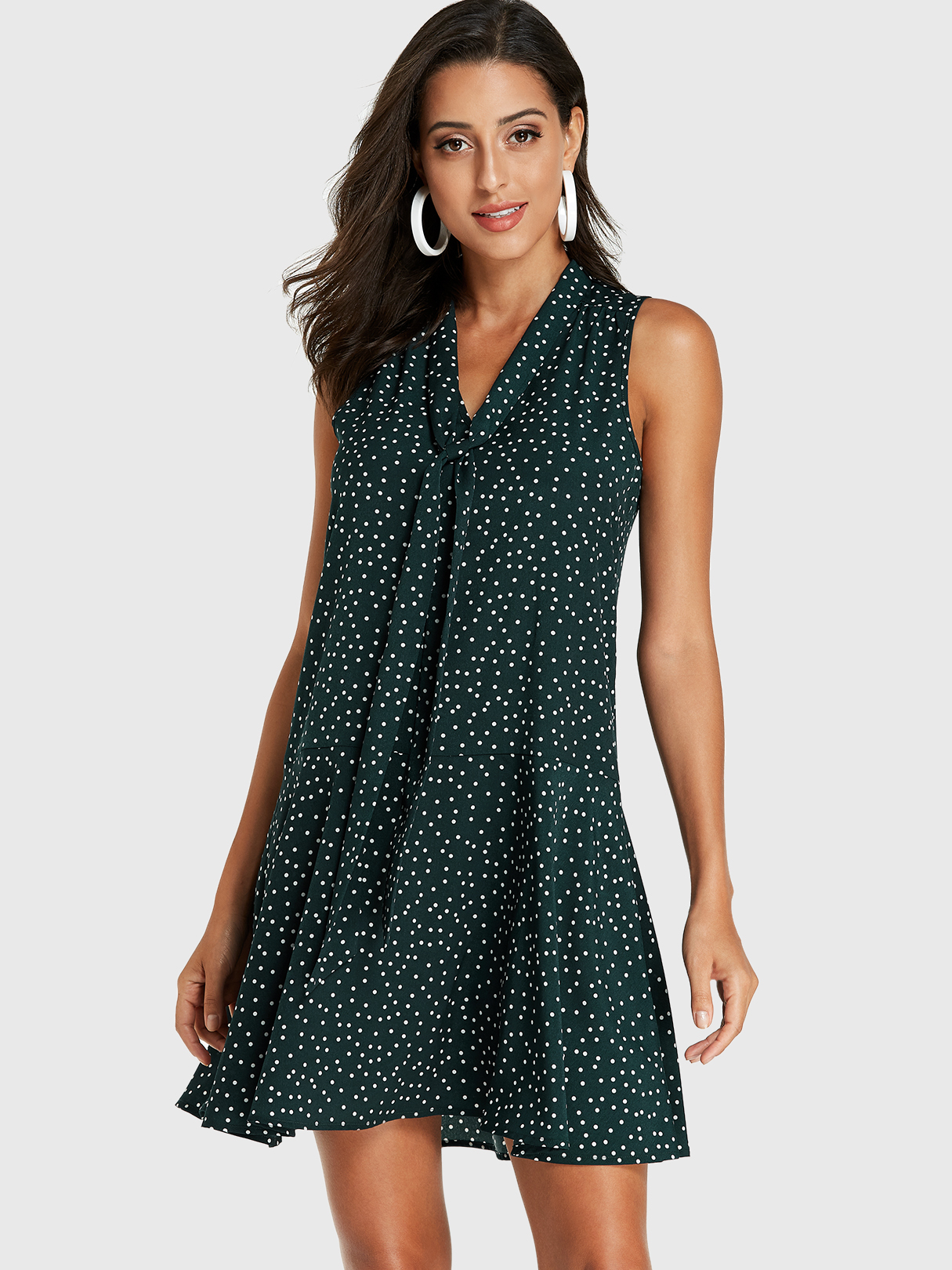 YOINS Green Polka Dot V-neck Ribbon Design Sleeveless Dress