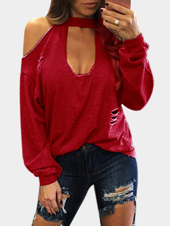 Burgundy Chocker Neck Cold Shoulder Long Sleeves T-shirt