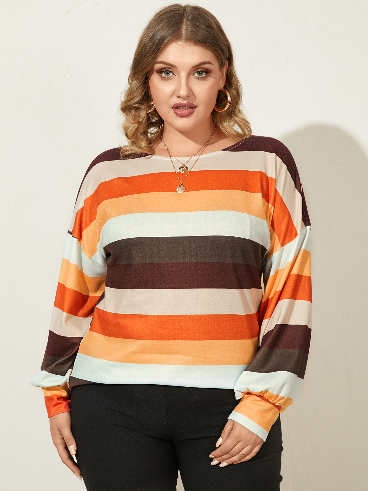 YOINS Plus Size Round Neck Multicolor Long Sleeves Tee