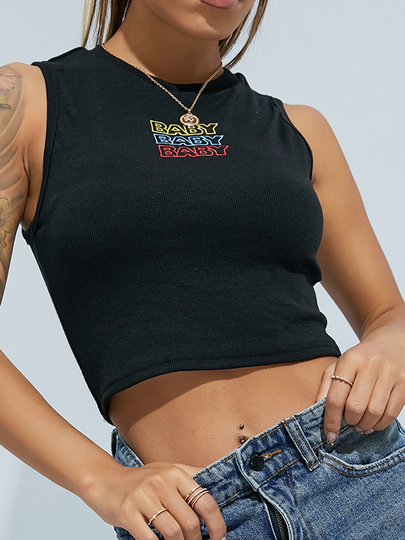 YOINS Letter Print Crew Neck Sleeveless Tank Top