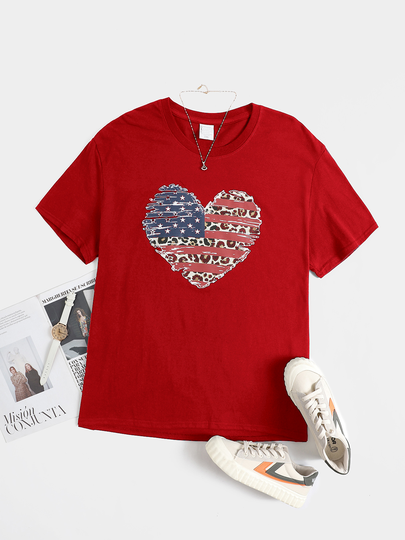 Plus Size Leopard Star Independence Day Short Sleeves Tee