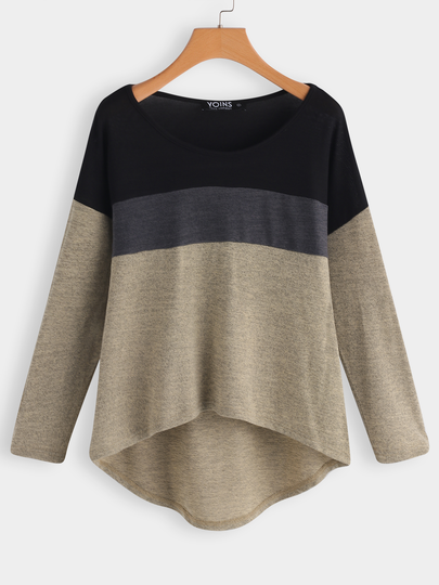 Color Block Scoop Neck Long Sleeves High Low Hem T-shirt