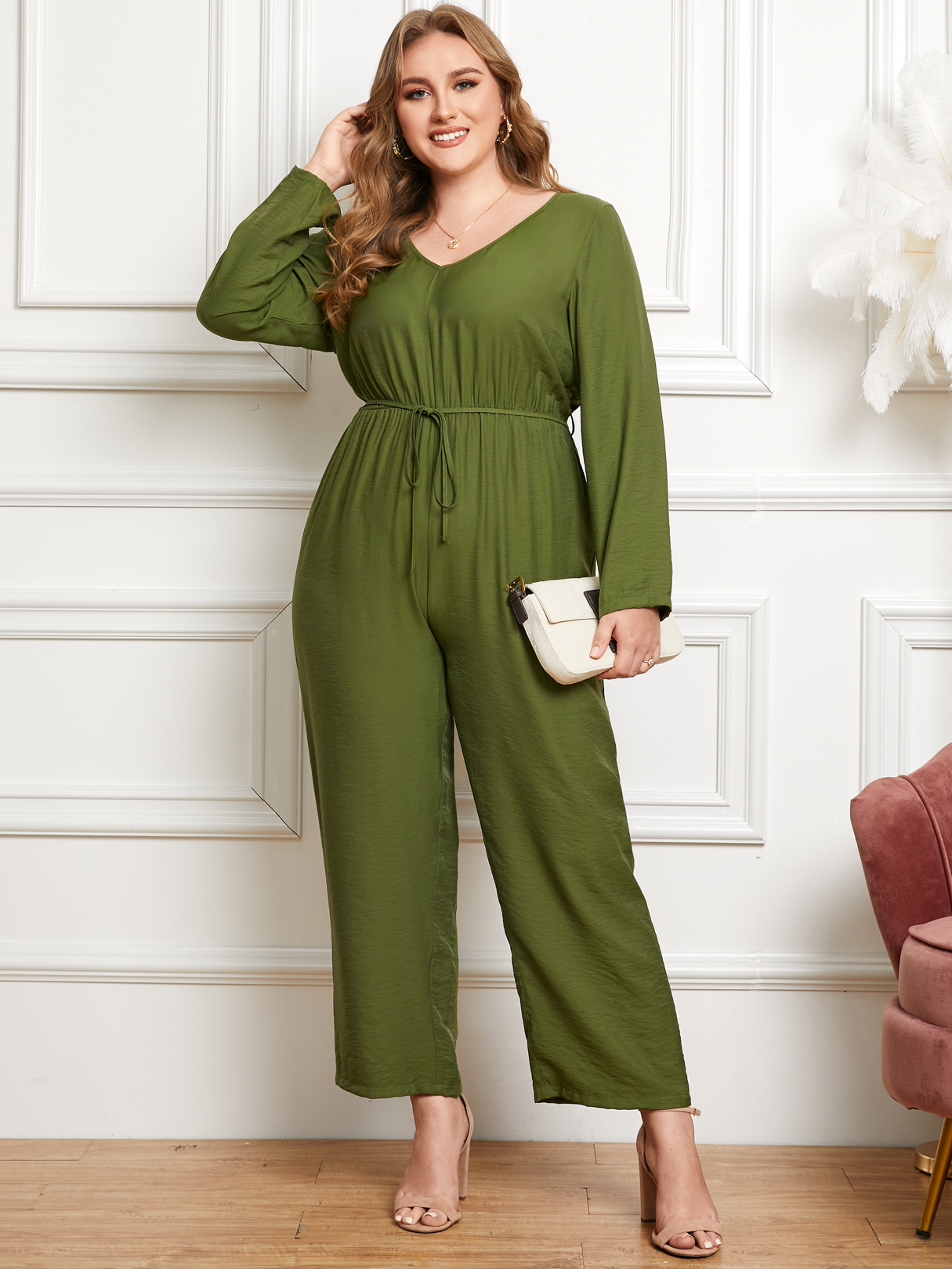 YOINS Plus Size Belt Design Tie-up Design Long Sleeves Jumpsuit